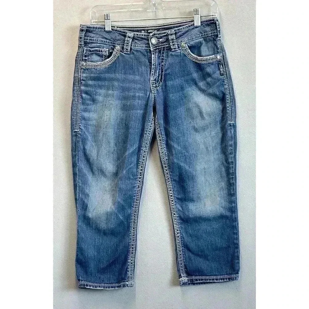 Silver Jeans Women's Sz W29 Suki Surplus Embroidered Flap Pockets Denim Capri